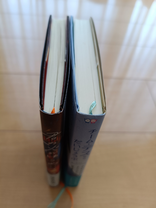 課題図書のページ数と厚さを比較した写真（読みやすさの違い）